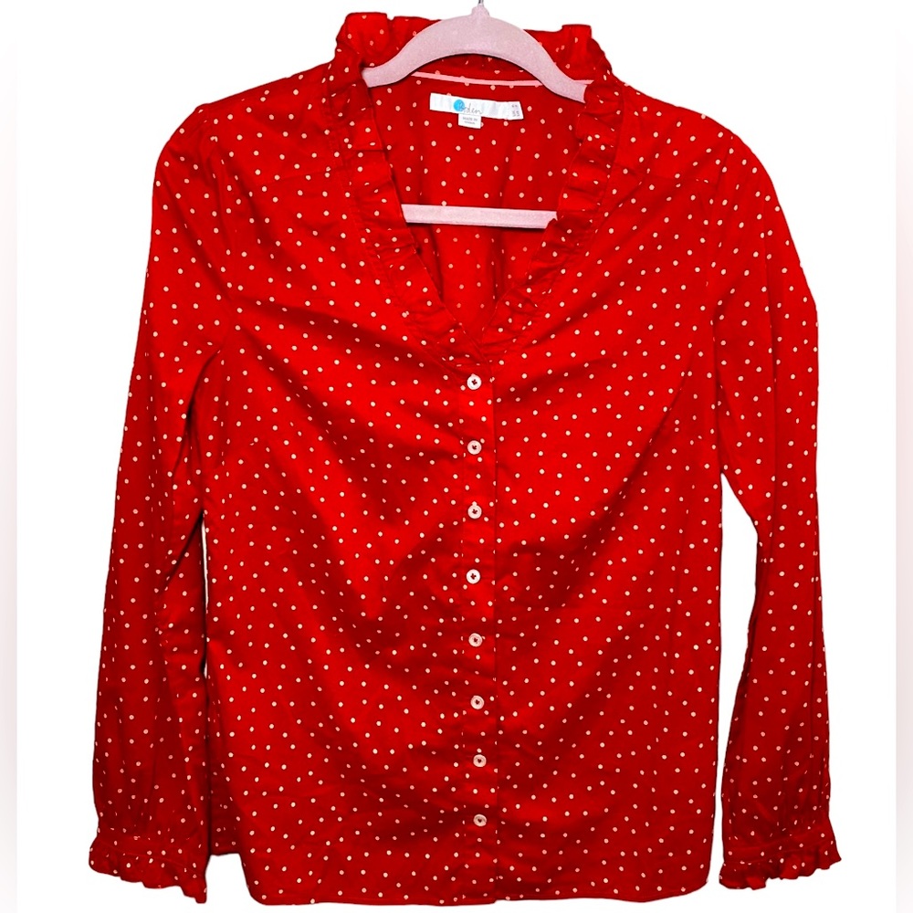 Boden Top Polka Dot Size 2 Orange White‎ Ruffle Poplin Long Sleeve Button Up